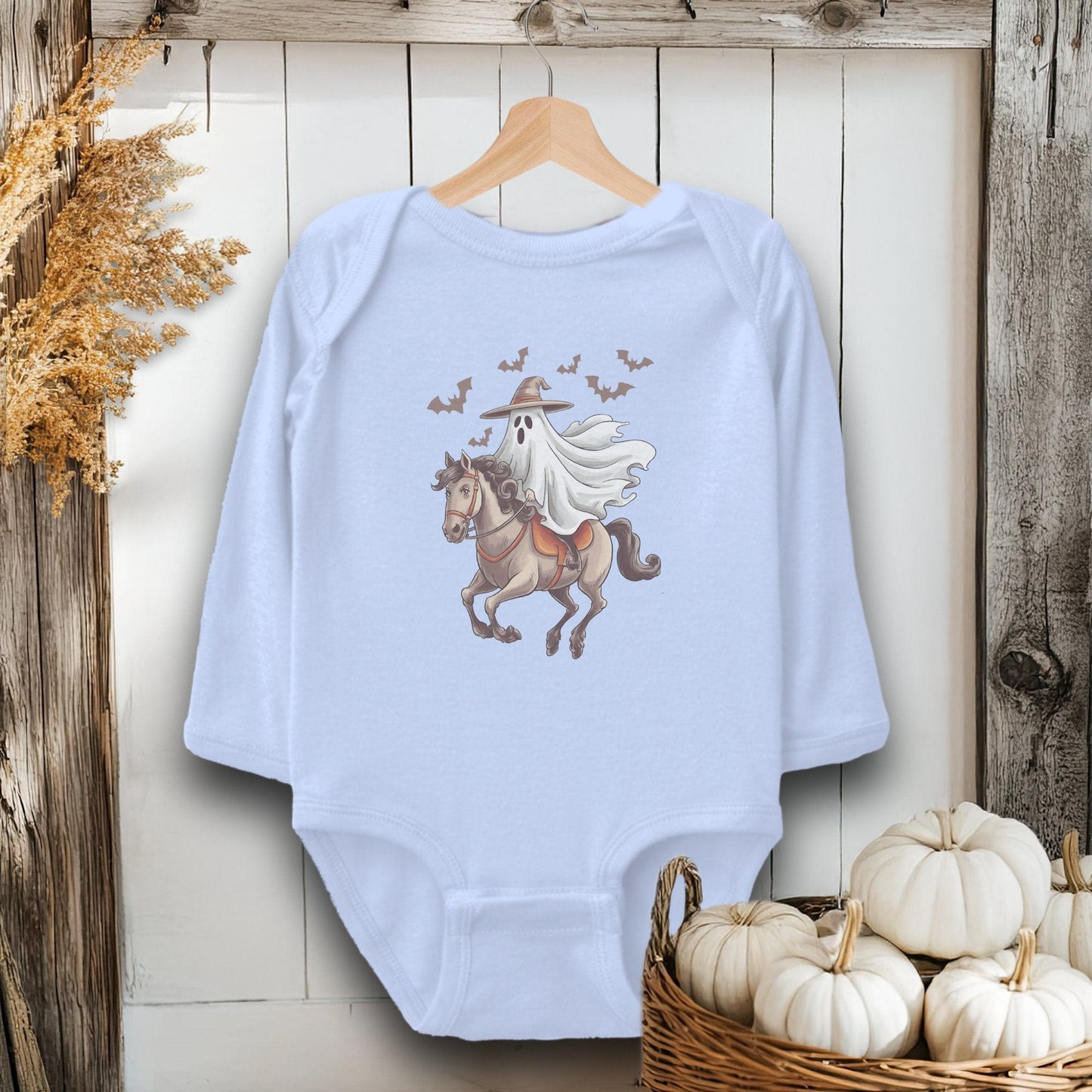 Holiday Baby Shirt Bodysuit Long Sleeve / Light Blue / Newborn Ghost Riding Horse Halloween - Baby Shirt