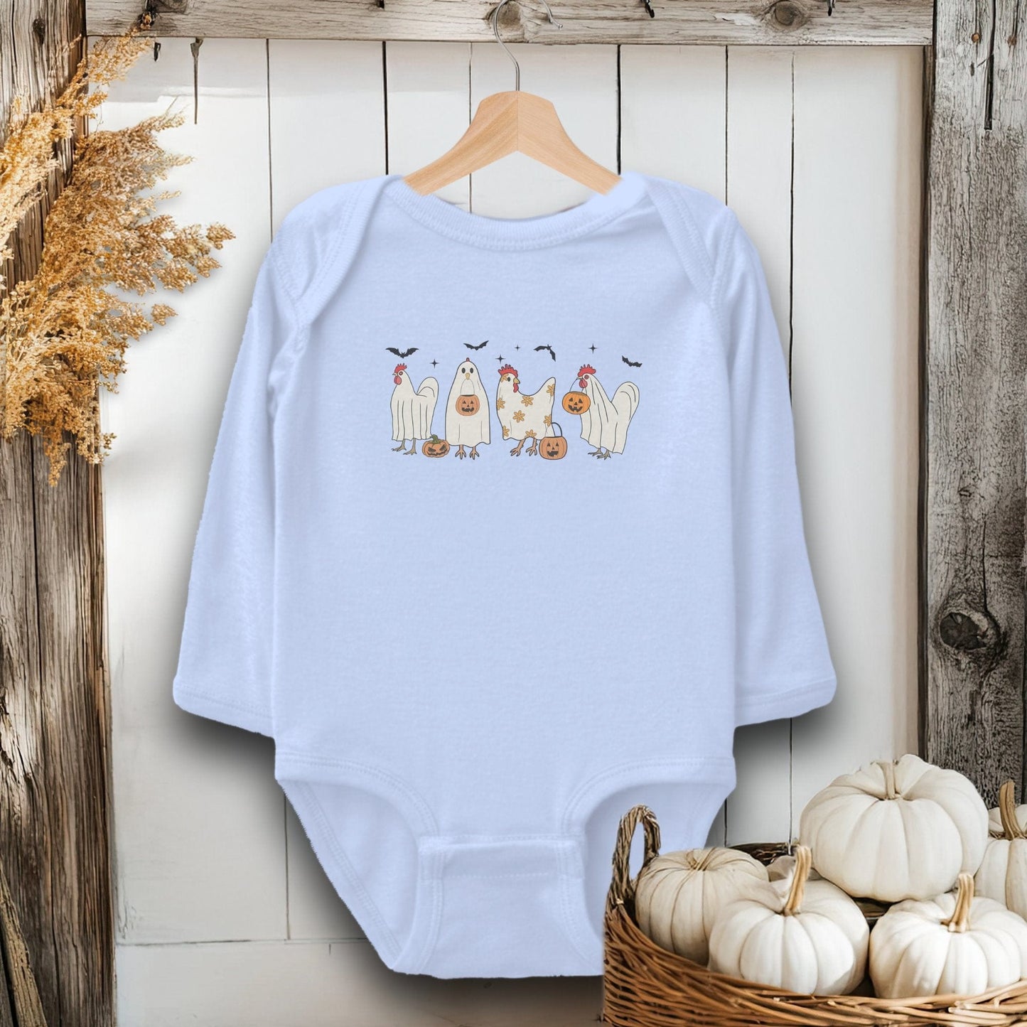 Holiday Baby Shirt Bodysuit Long Sleeve / Light Blue / Newborn Ghostly Chickens Halloween - Baby Shirt