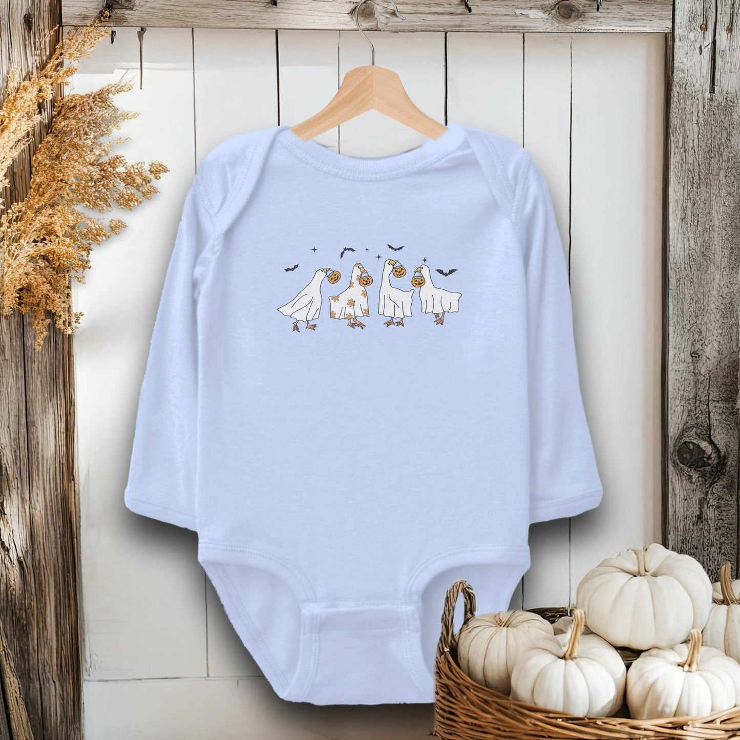 Holiday Baby Shirt Bodysuit Long Sleeve / Light Blue / Newborn Ghostly Geese Halloween - Baby Shirt