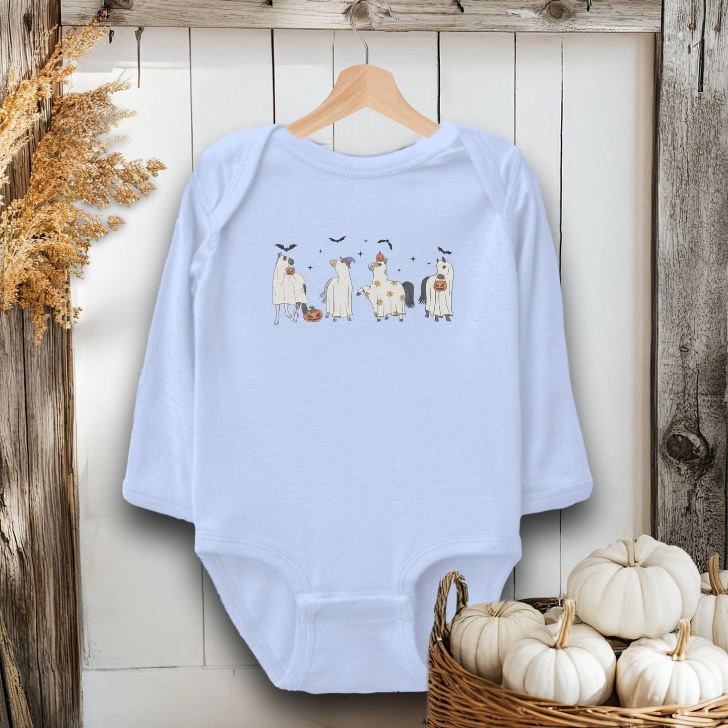 Holiday Baby Shirt Bodysuit Long Sleeve / Light Blue / Newborn Ghostly Horses Halloween - Baby Shirt