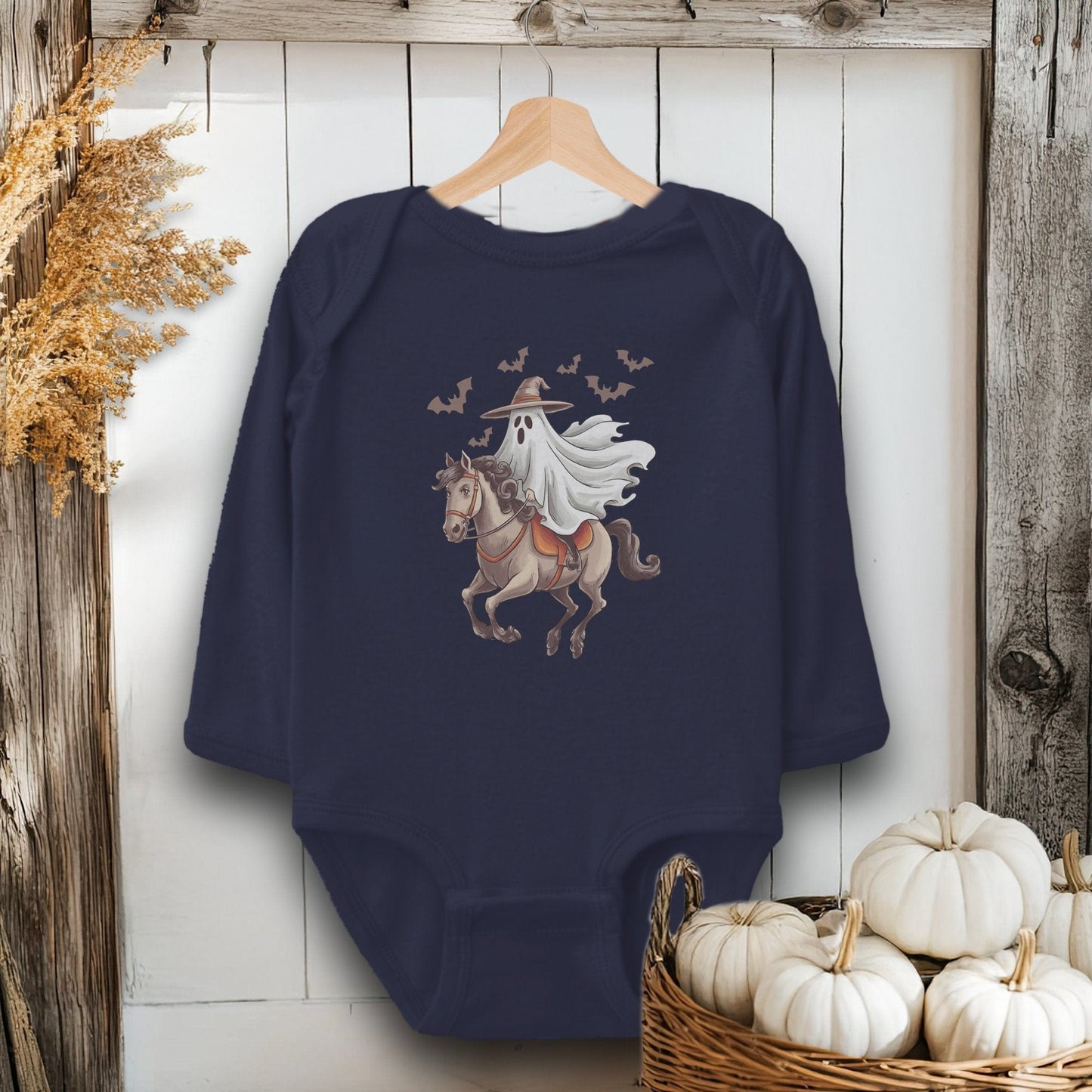 Holiday Baby Shirt Bodysuit Long Sleeve / Navy / Newborn Ghost Riding Horse Halloween - Baby Shirt