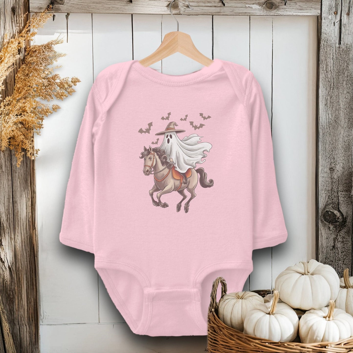 Holiday Baby Shirt Bodysuit Long Sleeve / Pink / Newborn Ghost Riding Horse Halloween - Baby Shirt