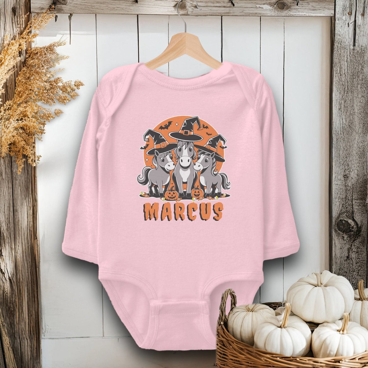 Holiday Baby Shirt Bodysuit Long Sleeve / Pink / Newborn Personalized Halloween Horse - Baby Shirt