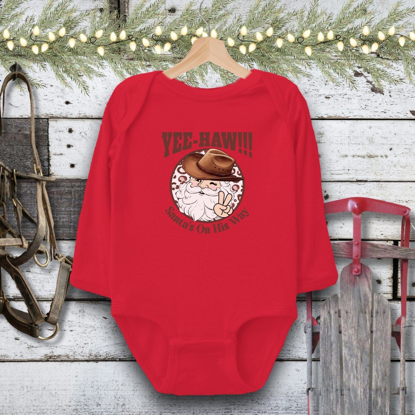 Holiday Baby Shirt Bodysuit Long Sleeve / Red / Newborn Yee-Haw Santa Baby Shirt