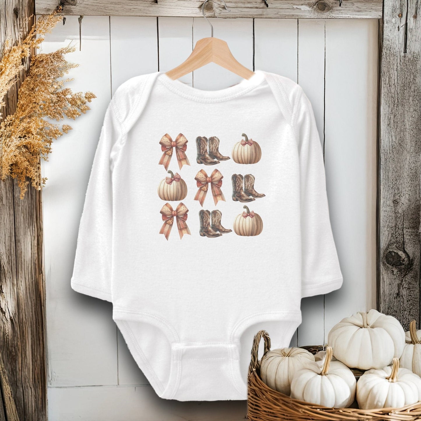 Holiday Baby Shirt Bodysuit Long Sleeve / White / Newborn Boots Pumpkins and Bows Fall - Baby Shirt