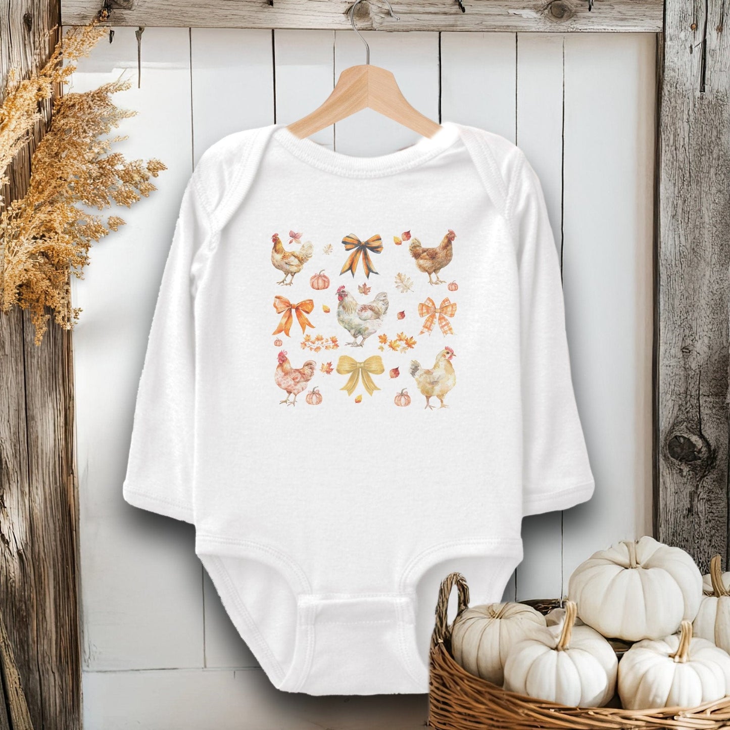 Holiday Baby Shirt Bodysuit Long Sleeve / White / Newborn Chickens and Bows Fall - Baby Shirt