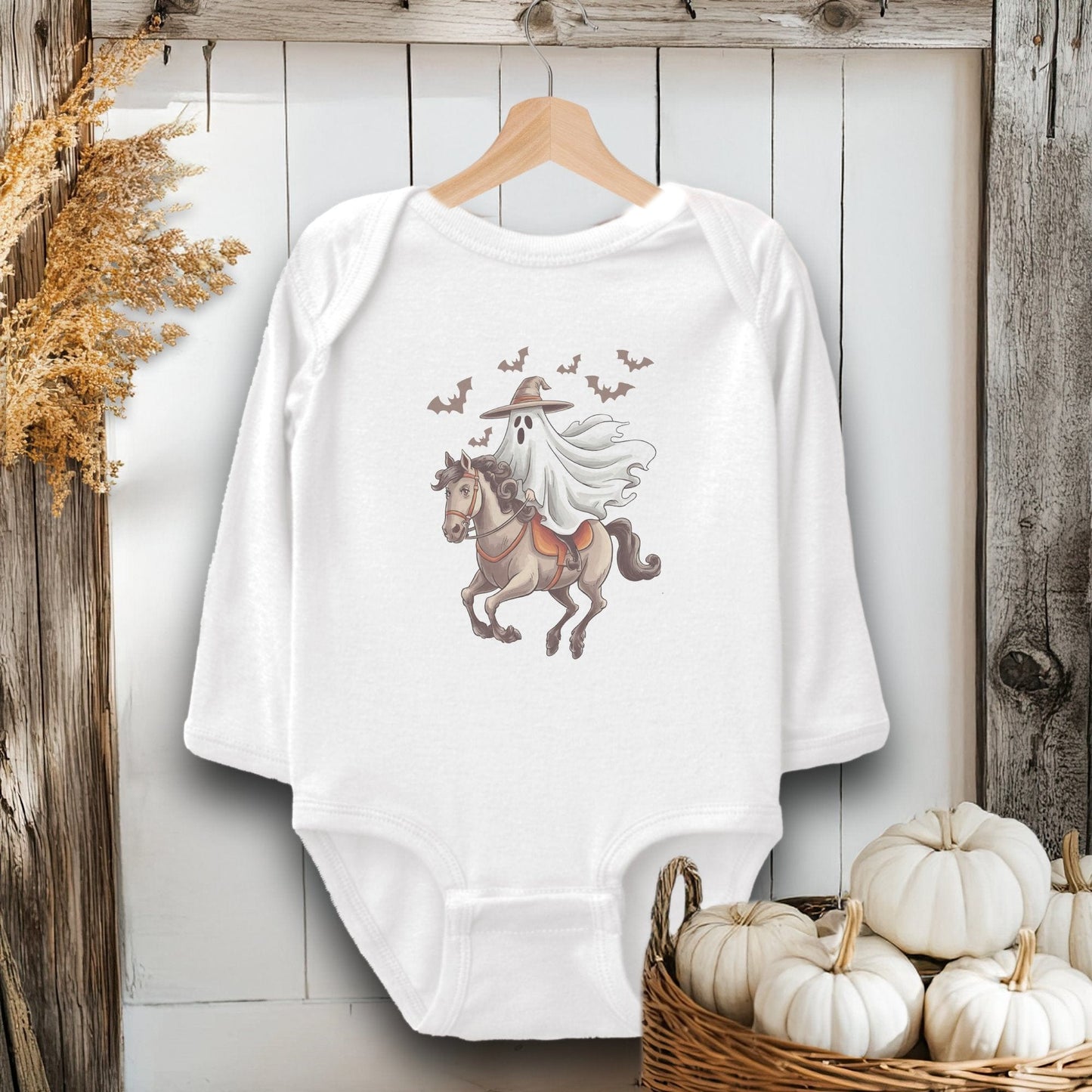 Holiday Baby Shirt Bodysuit Long Sleeve / White / Newborn Ghost Riding Horse Halloween - Baby Shirt