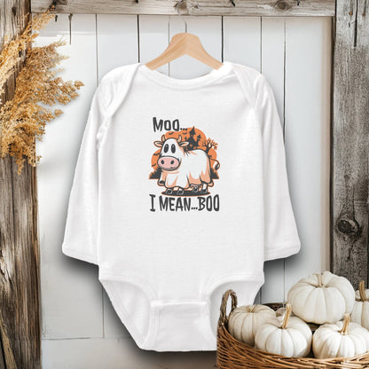 Holiday Baby Shirt Bodysuit Long Sleeve / White / Newborn Halloween Moo I Mean Boo Cow - Baby Shirt