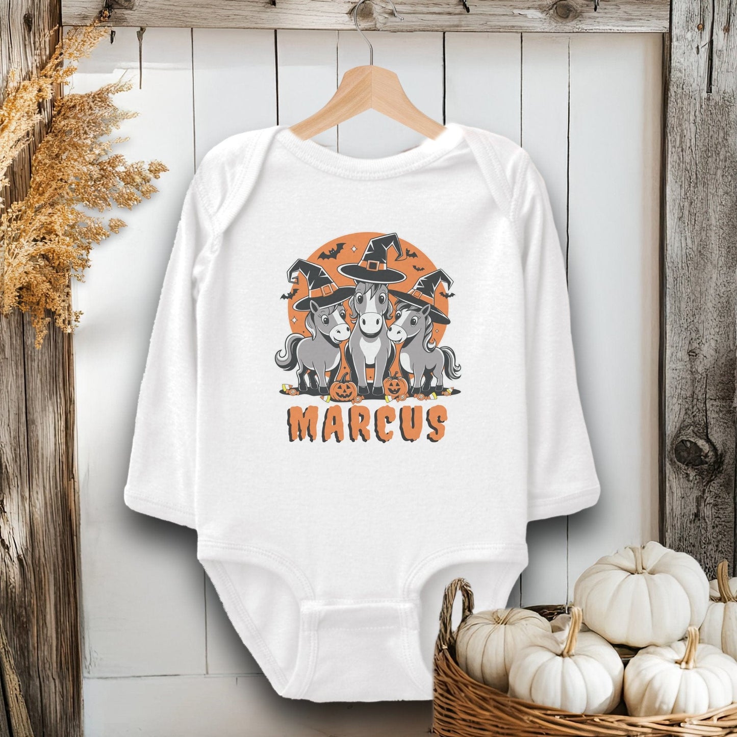 Holiday Baby Shirt Bodysuit Long Sleeve / White / Newborn Personalized Halloween Horse - Baby Shirt