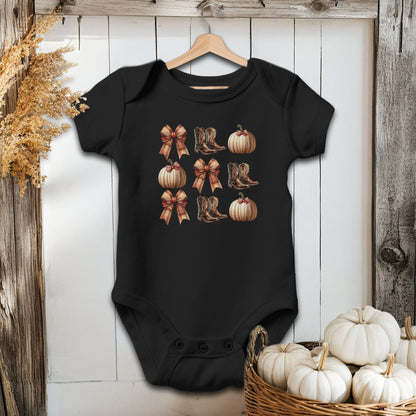 Holiday Baby Shirt Bodysuit Short Sleeve / Black / Newborn Boots Pumpkins and Bows Fall - Baby Shirt