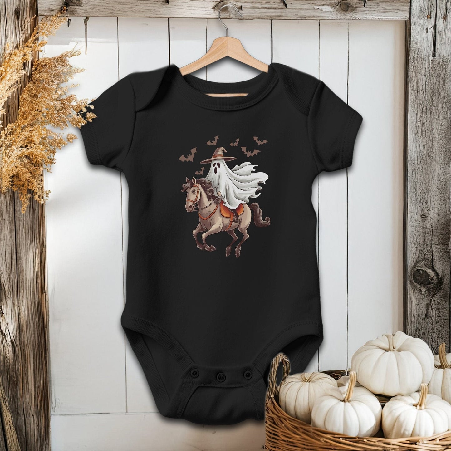 Holiday Baby Shirt Bodysuit Short Sleeve / Black / Newborn Ghost Riding Horse Halloween - Baby Shirt