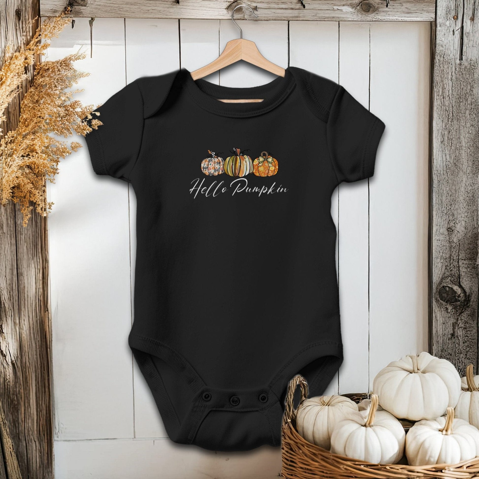 Holiday Baby Shirt Bodysuit Short Sleeve / Black / Newborn Hello Pumpkin Fall - Baby Shirt