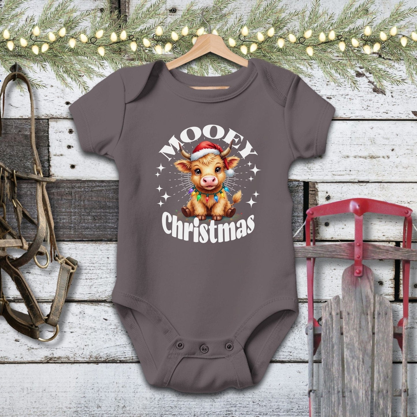 Holiday Baby Shirt Bodysuit Short Sleeve / Charcoal / Newborn Cute Baby Cow Christmas Baby Shirt