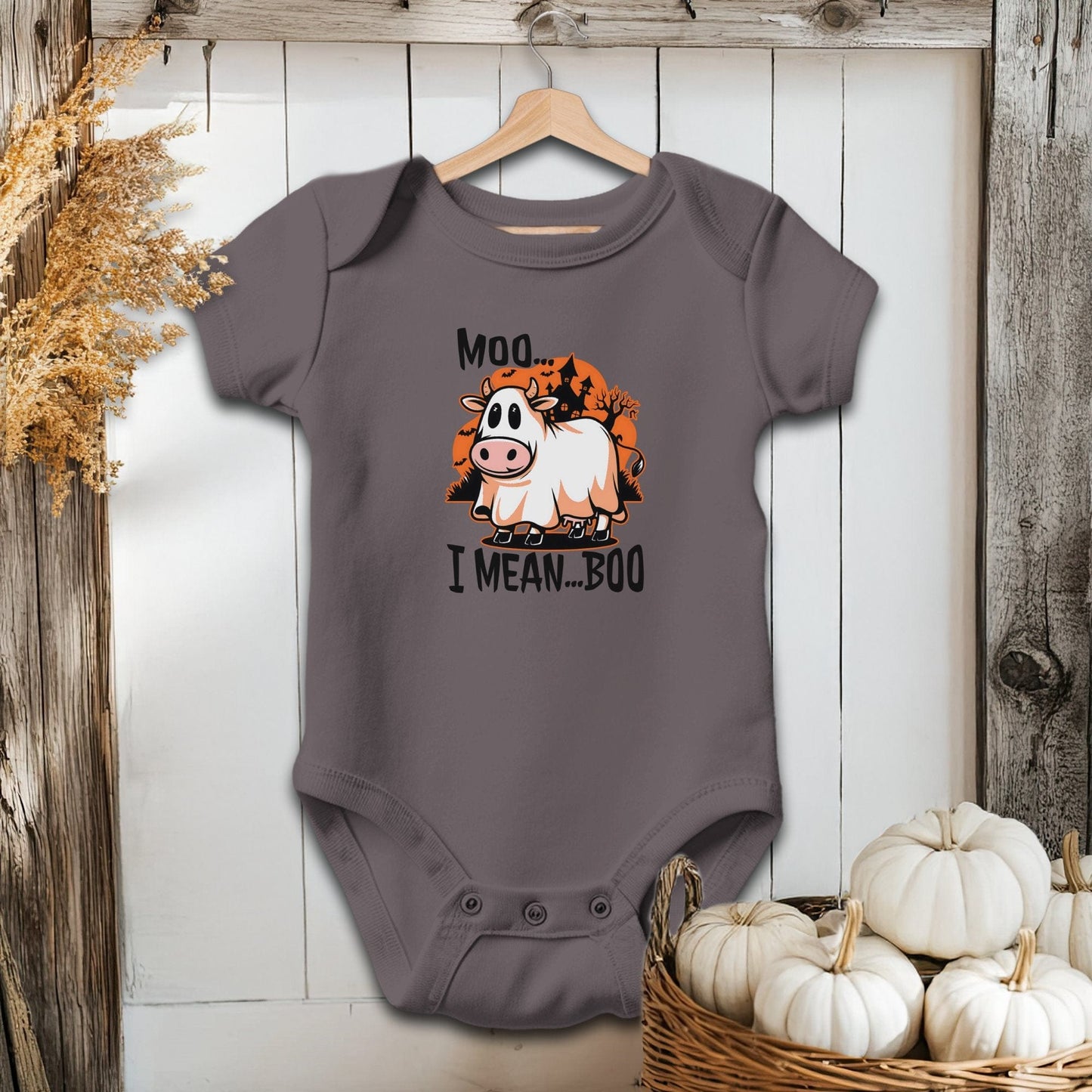 Holiday Baby Shirt Bodysuit Short Sleeve / Charcoal / Newborn Halloween Moo I Mean Boo Cow - Baby Shirt