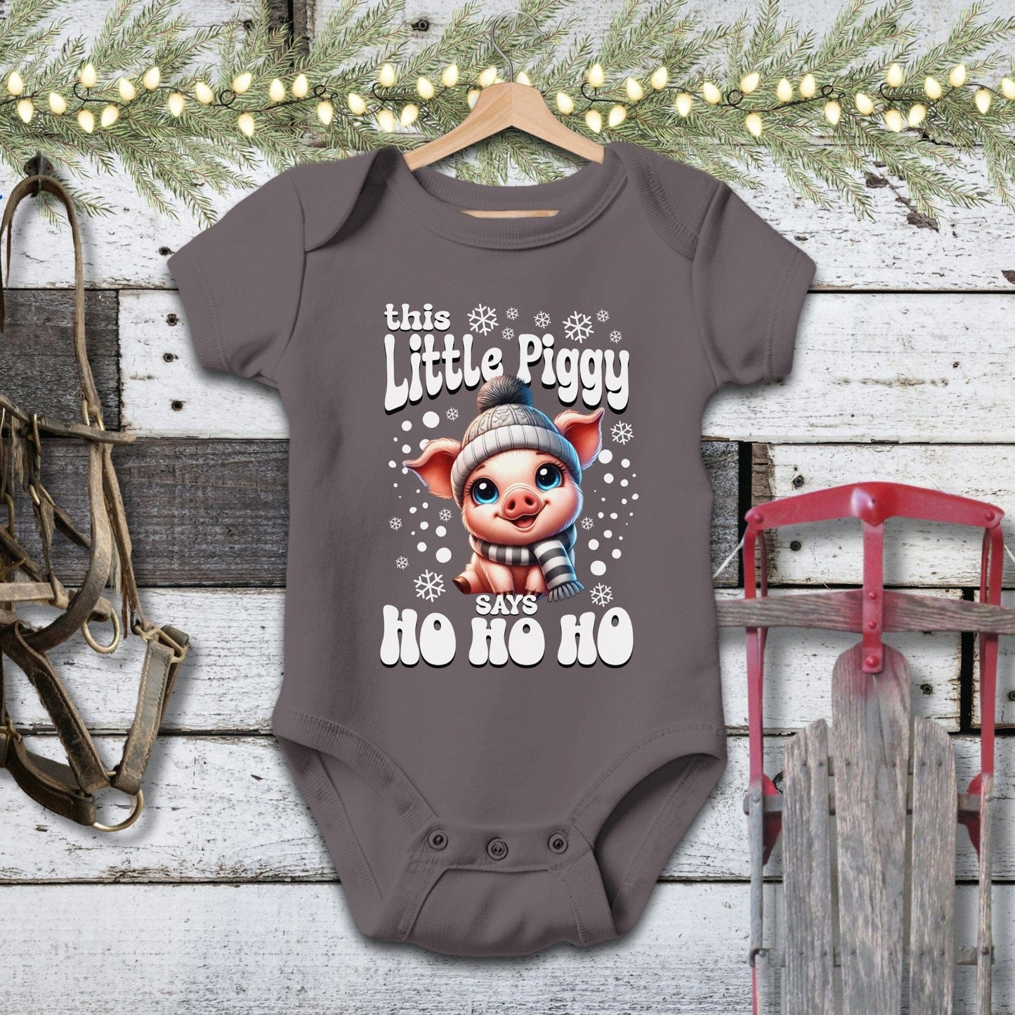 Holiday Baby Shirt Bodysuit Short Sleeve / Charcoal / Newborn Little Piggy Christmas Baby Shirt