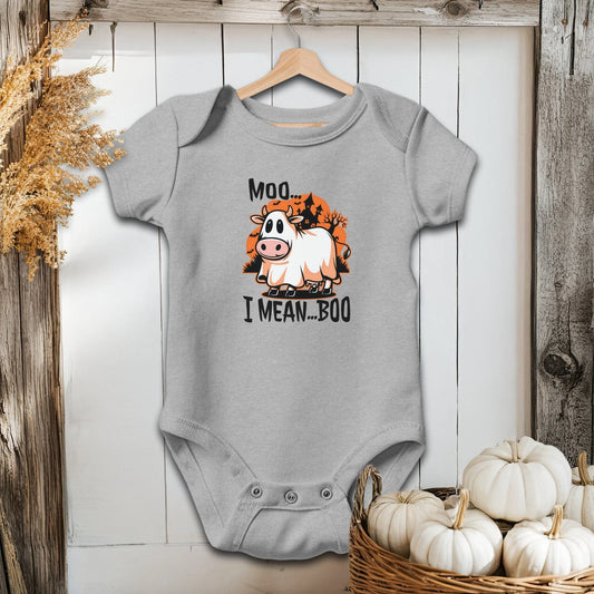 Holiday Baby Shirt Bodysuit Short Sleeve / Heather / Newborn Halloween Moo I Mean Boo Cow - Baby Shirt