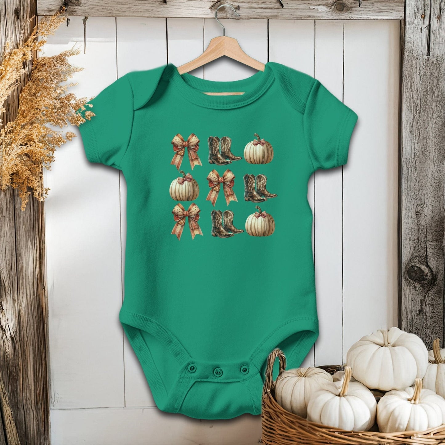 Holiday Baby Shirt Bodysuit Short Sleeve / Kelly / Newborn Boots Pumpkins and Bows Fall - Baby Shirt