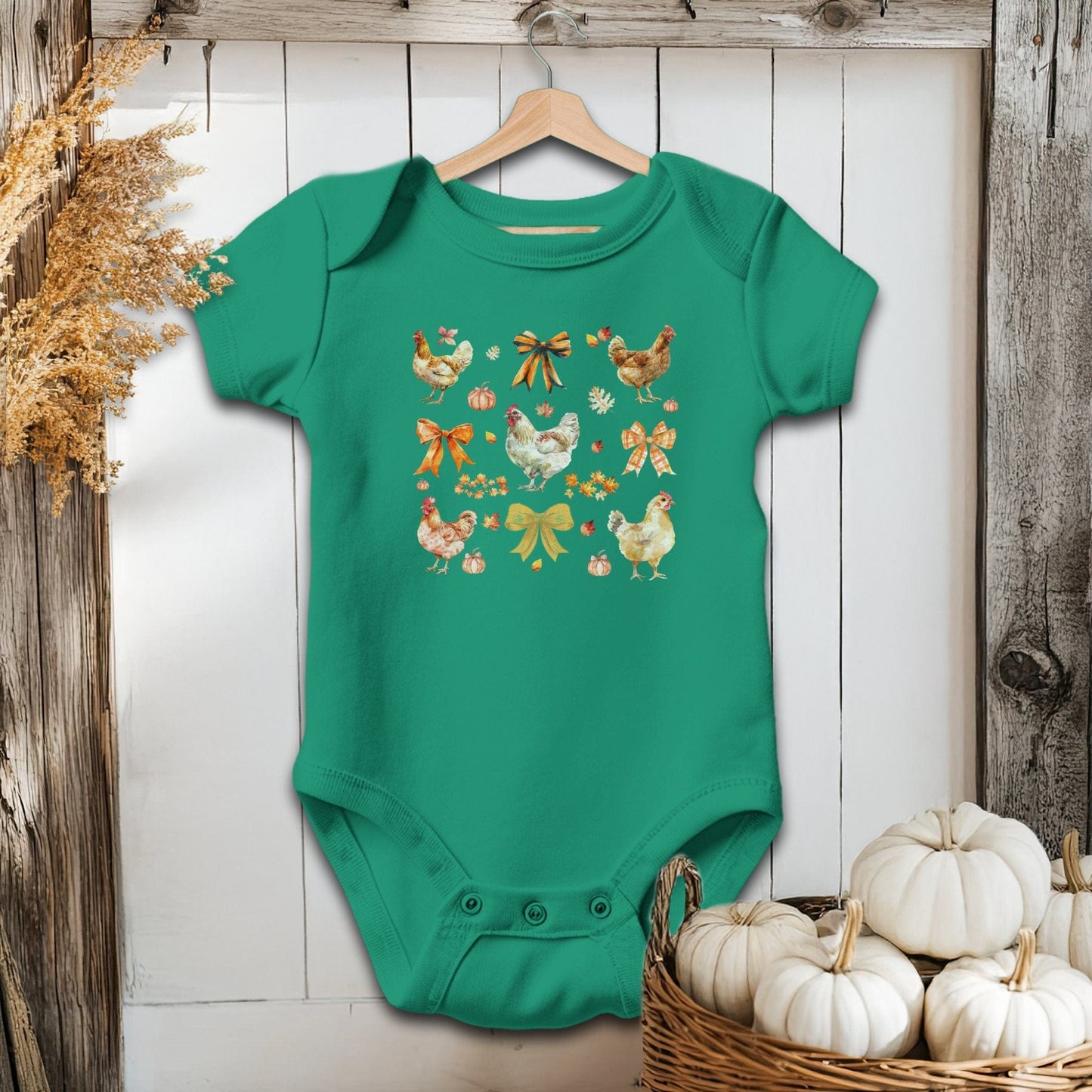 Holiday Baby Shirt Bodysuit Short Sleeve / Kelly / Newborn Chickens and Bows Fall - Baby Shirt