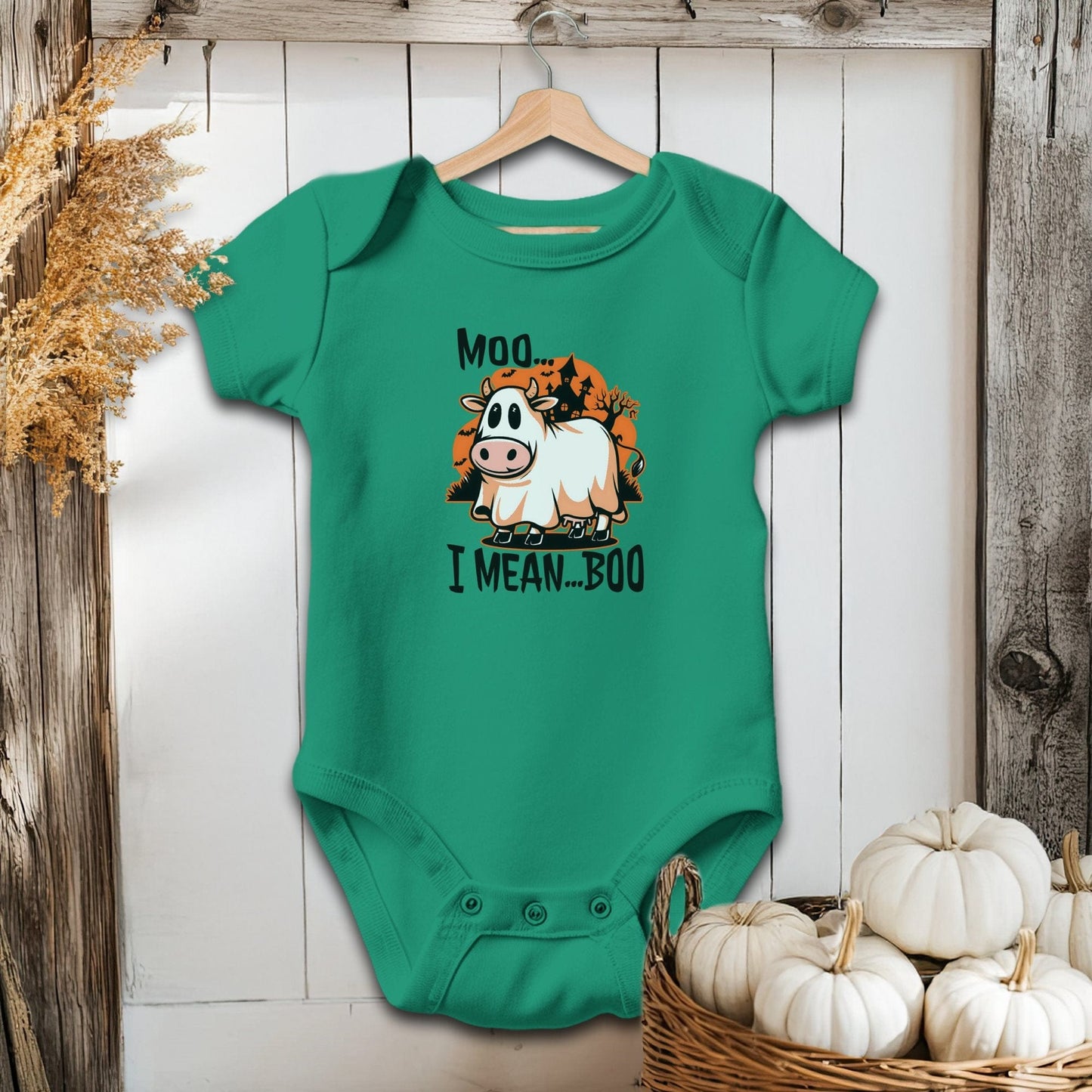 Holiday Baby Shirt Bodysuit Short Sleeve / Kelly / Newborn Halloween Moo I Mean Boo Cow - Baby Shirt