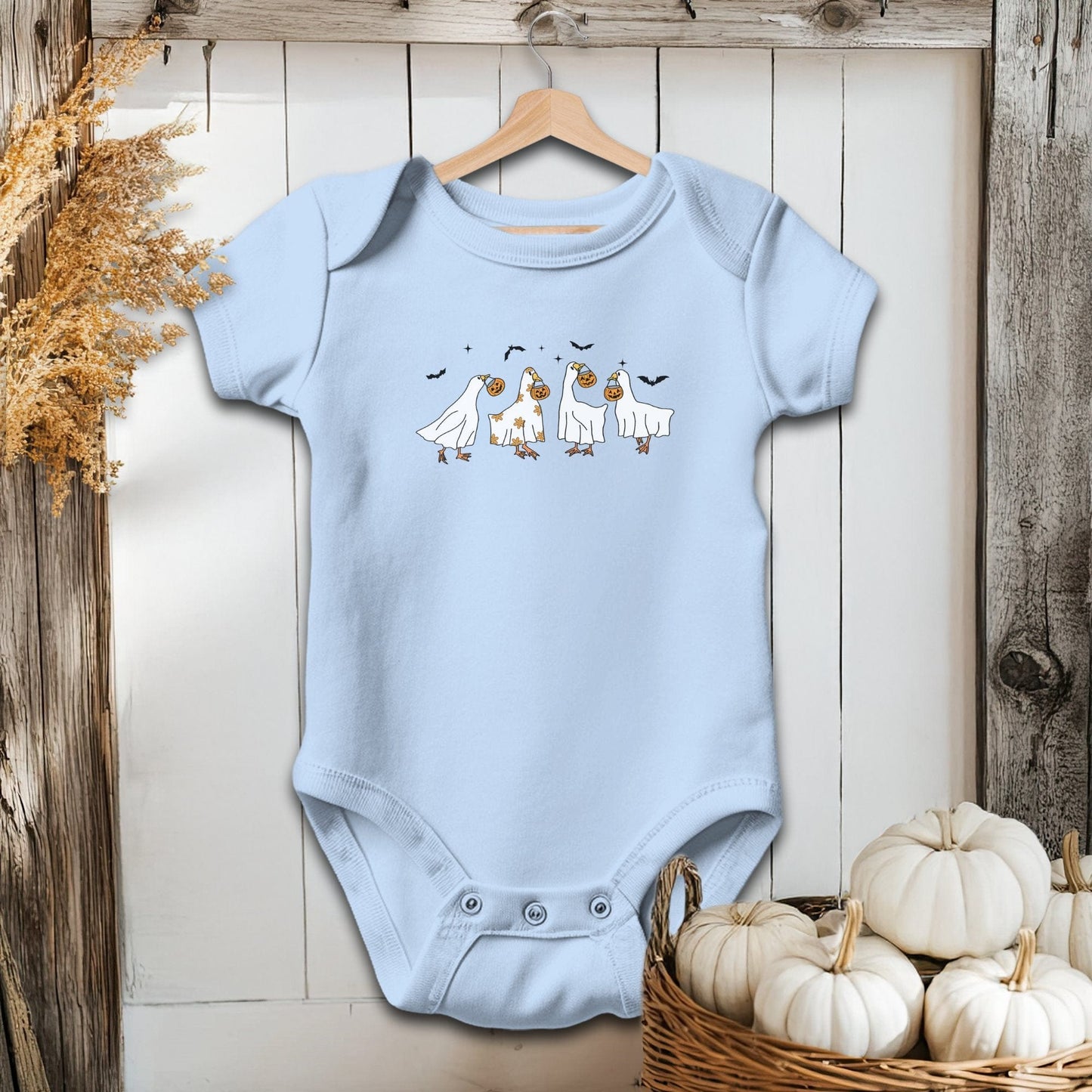 Holiday Baby Shirt Bodysuit Short Sleeve / Light Blue / Newborn Ghostly Geese Halloween - Baby Shirt