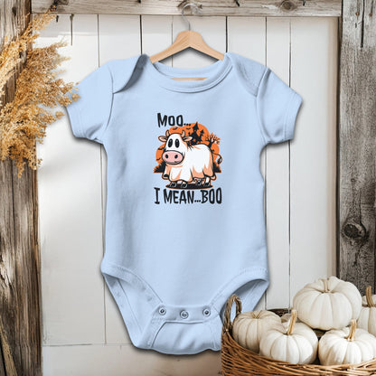 Holiday Baby Shirt Bodysuit Short Sleeve / Light Blue / Newborn Halloween Moo I Mean Boo Cow - Baby Shirt