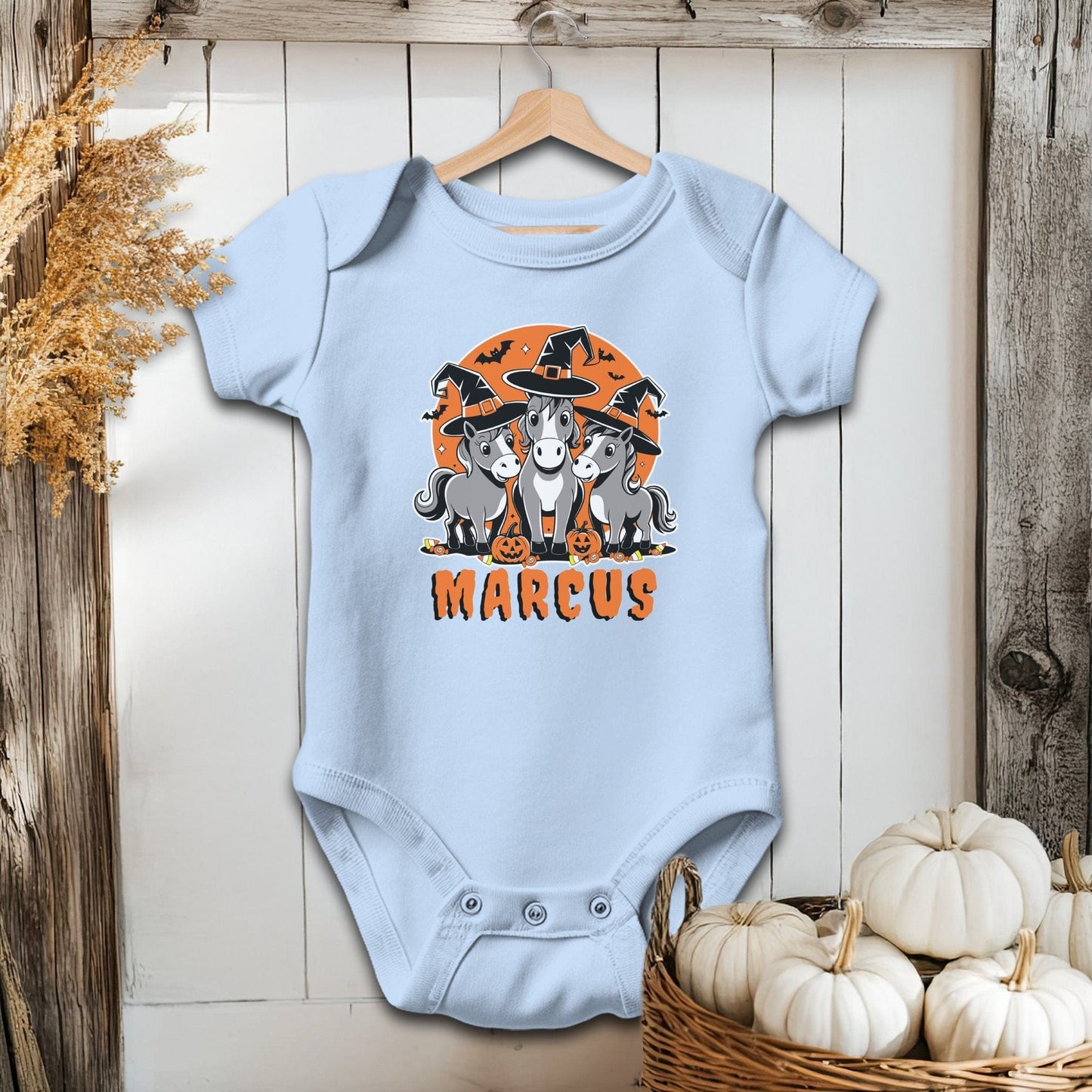 Holiday Baby Shirt Bodysuit Short Sleeve / Light Blue / Newborn Personalized Halloween Horse - Baby Shirt