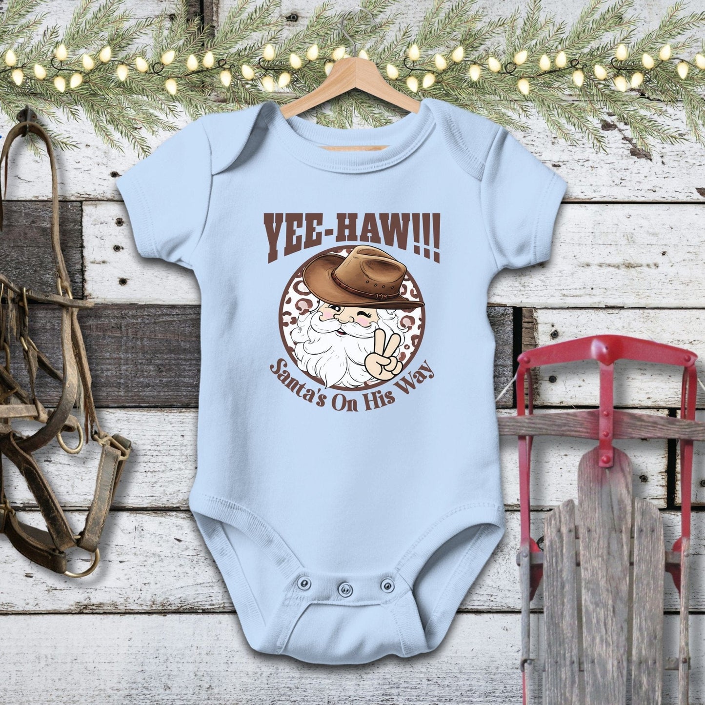 Holiday Baby Shirt Bodysuit Short Sleeve / Light Blue / Newborn Yee-Haw Santa Baby Shirt