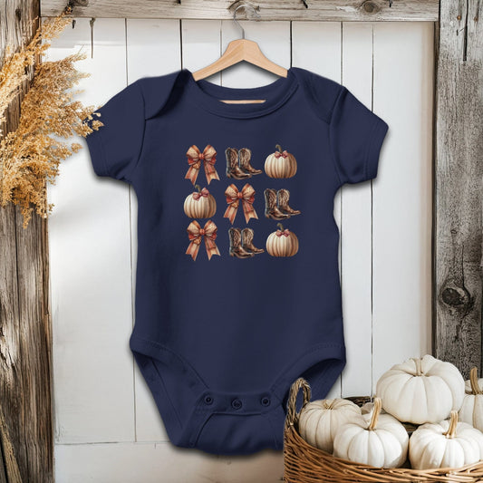 Holiday Baby Shirt Bodysuit Short Sleeve / Navy / Newborn Boots Pumpkins and Bows Fall - Baby Shirt