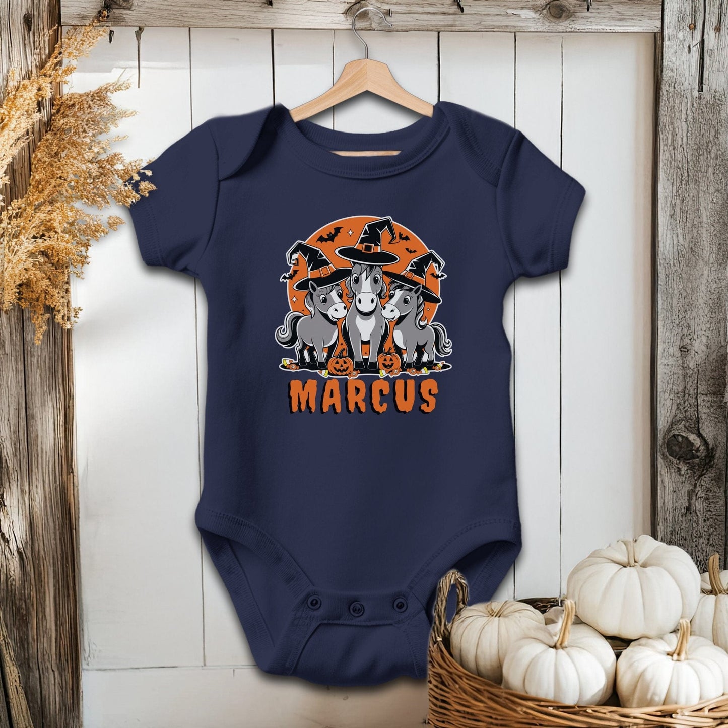 Holiday Baby Shirt Bodysuit Short Sleeve / Navy / Newborn Personalized Halloween Horse - Baby Shirt