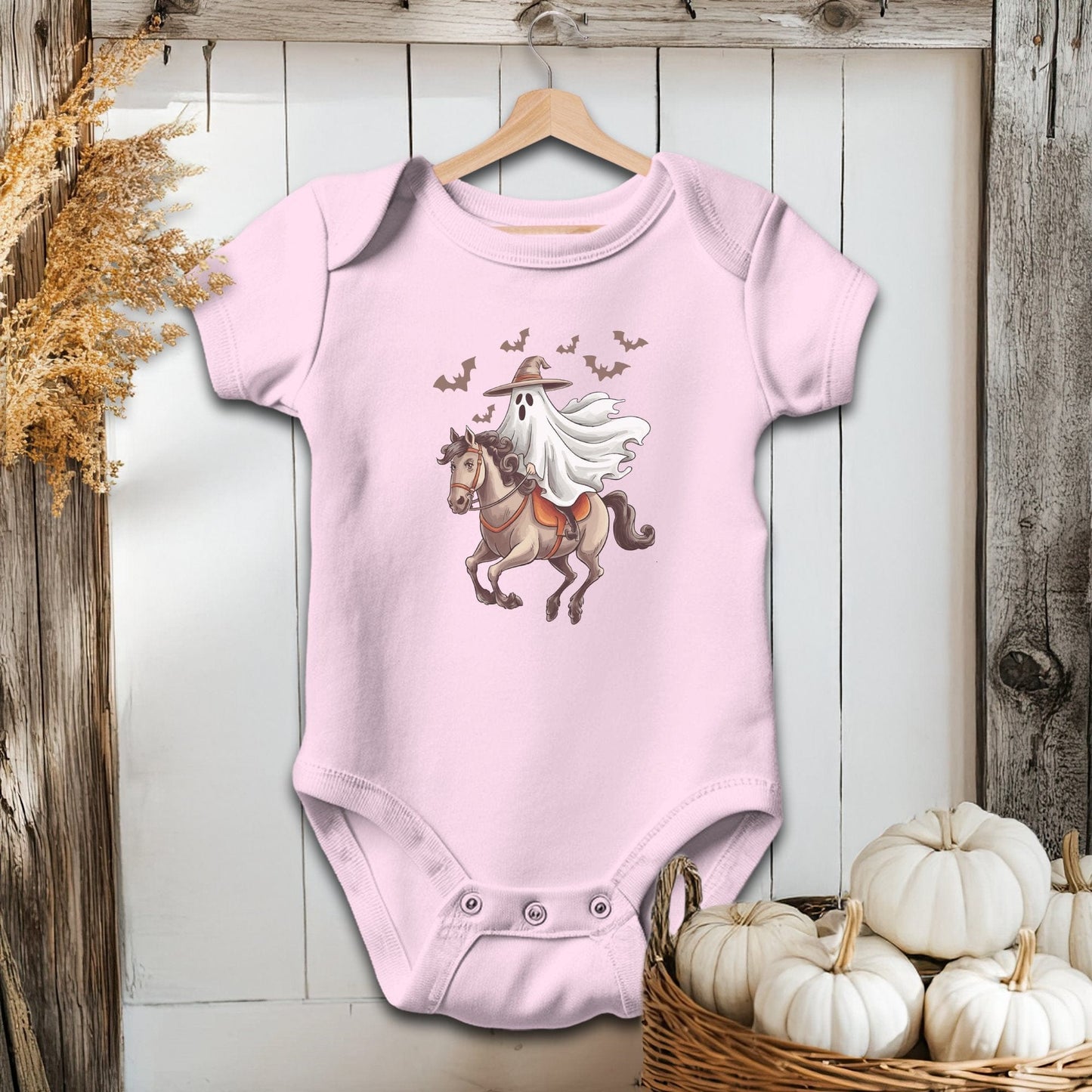 Holiday Baby Shirt Bodysuit Short Sleeve / Pink / Newborn Ghost Riding Horse Halloween - Baby Shirt