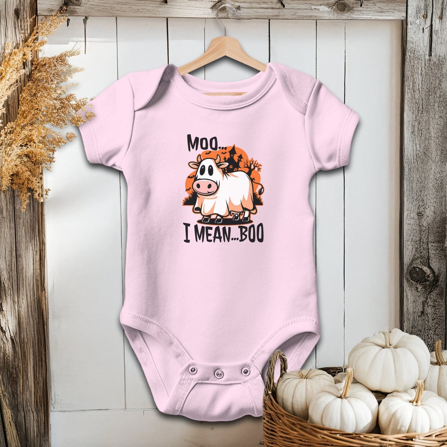 Holiday Baby Shirt Bodysuit Short Sleeve / Pink / Newborn Halloween Moo I Mean Boo Cow - Baby Shirt