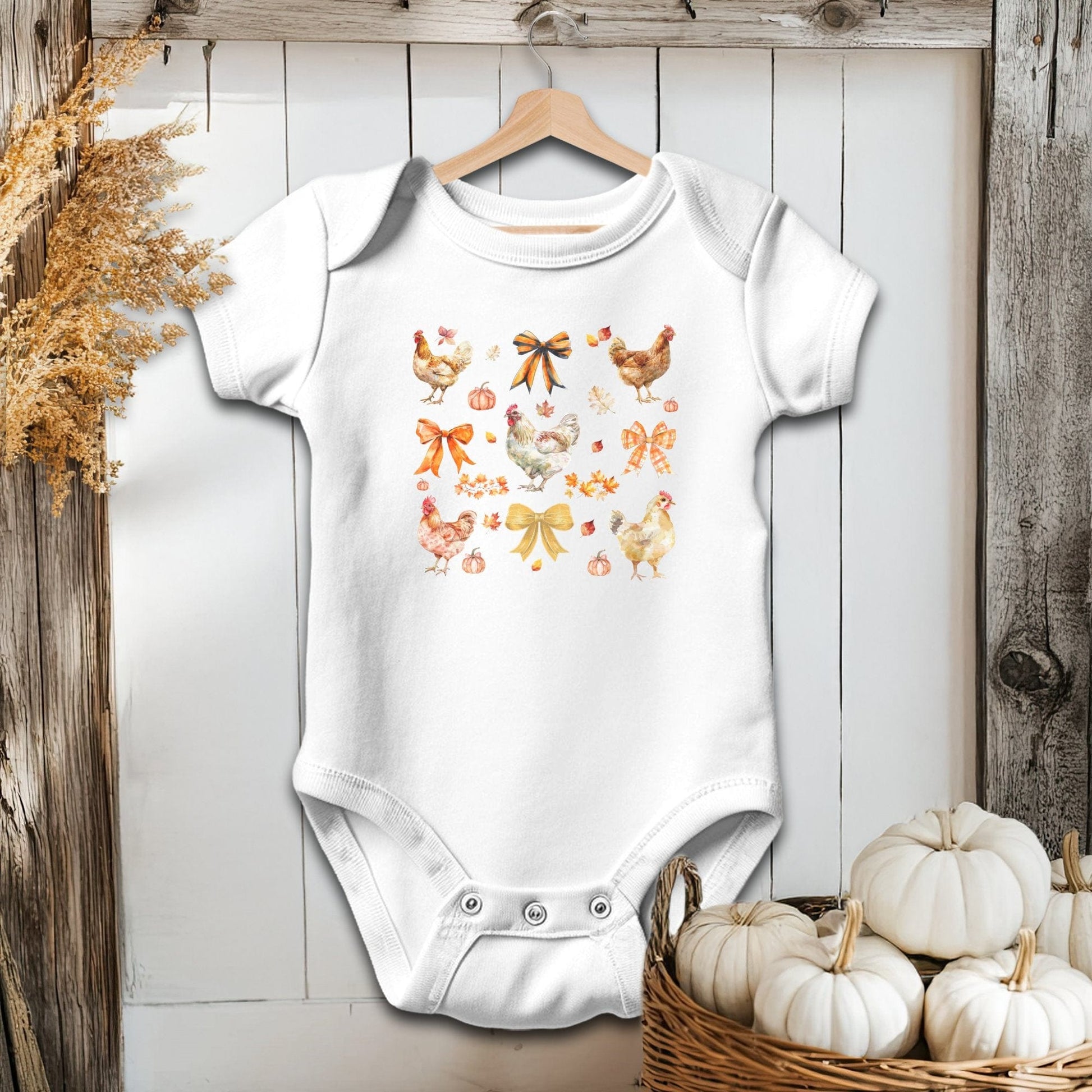 Holiday Baby Shirt Bodysuit Short Sleeve / White / Newborn Chickens and Bows Fall - Baby Shirt