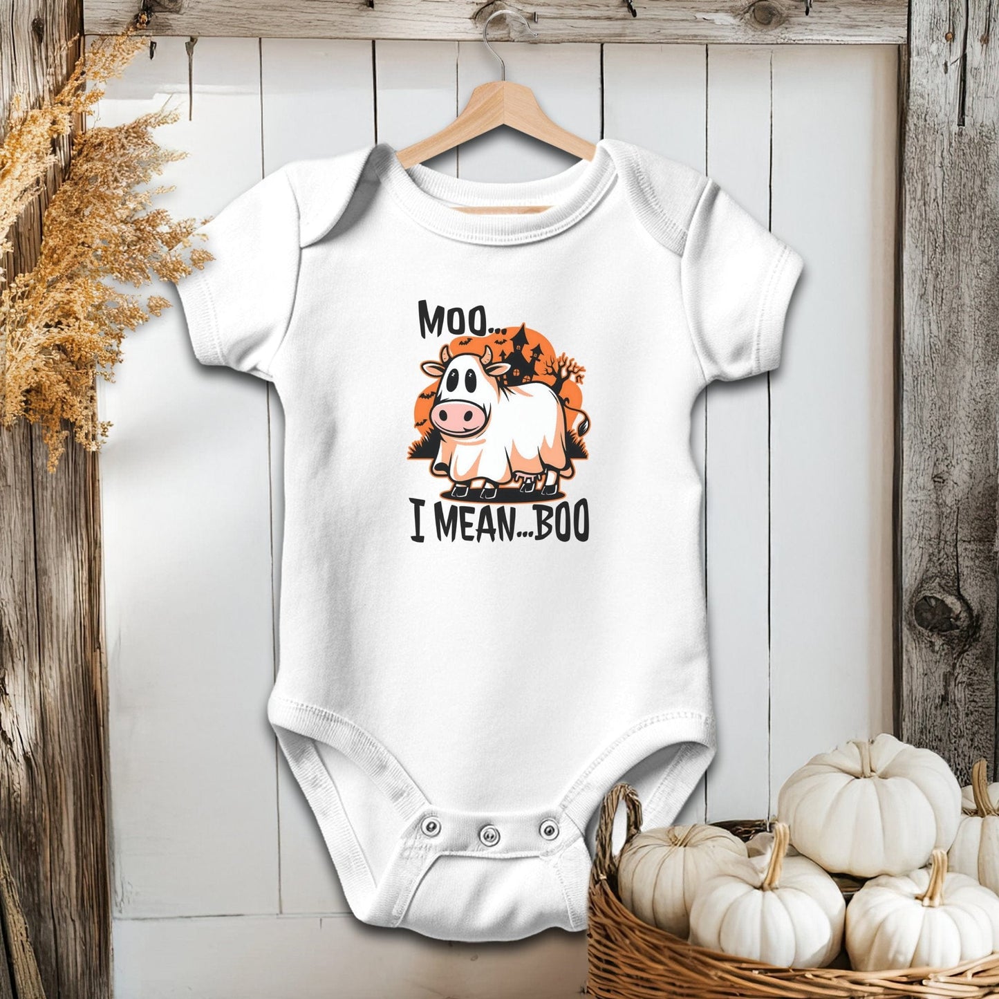 Holiday Baby Shirt Bodysuit Short Sleeve / White / Newborn Halloween Moo I Mean Boo Cow - Baby Shirt