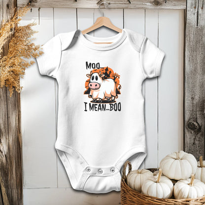 Holiday Baby Shirt Bodysuit Short Sleeve / White / Newborn Halloween Moo I Mean Boo Cow - Baby Shirt