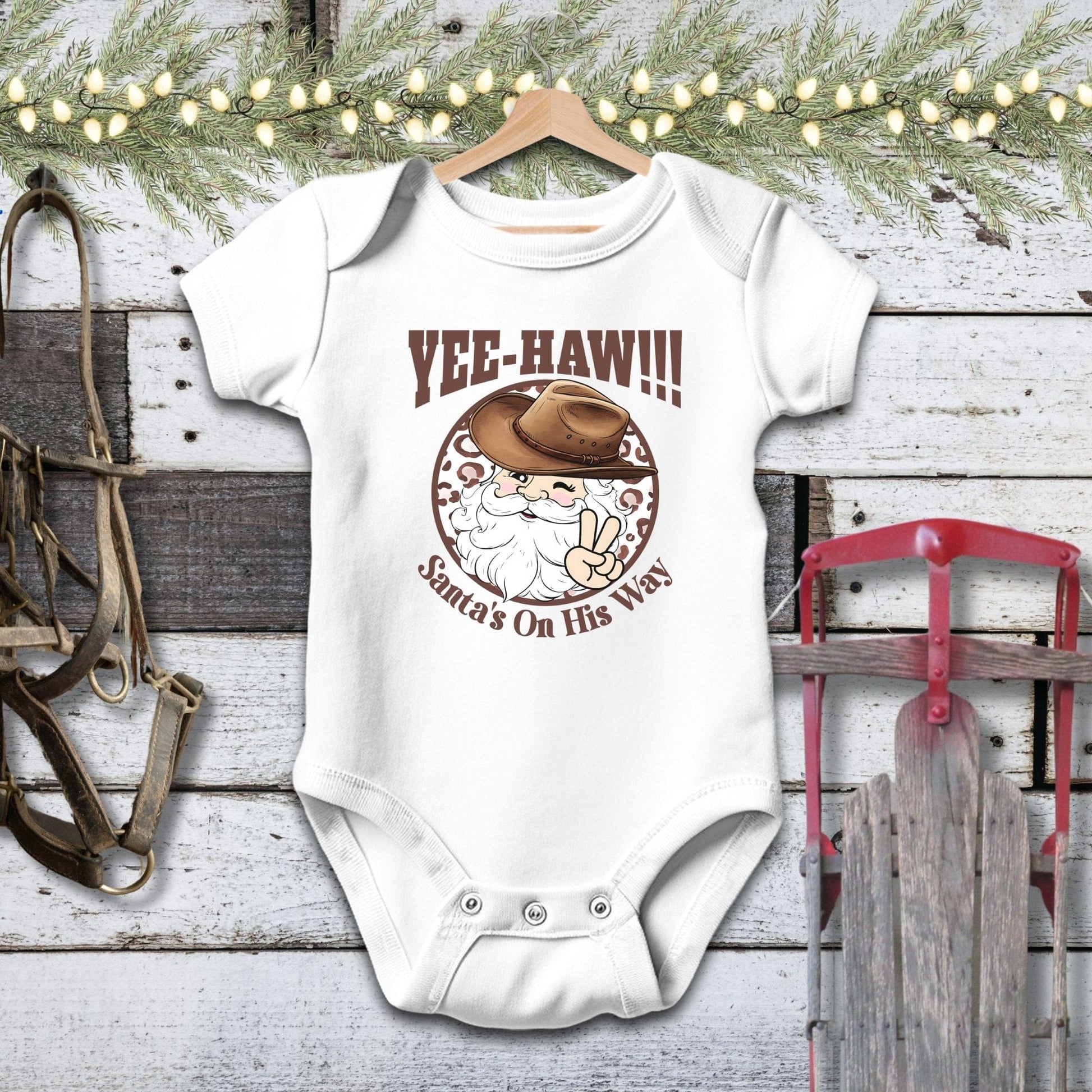 Holiday Baby Shirt Bodysuit Short Sleeve / White / Newborn Yee-Haw Santa Baby Shirt