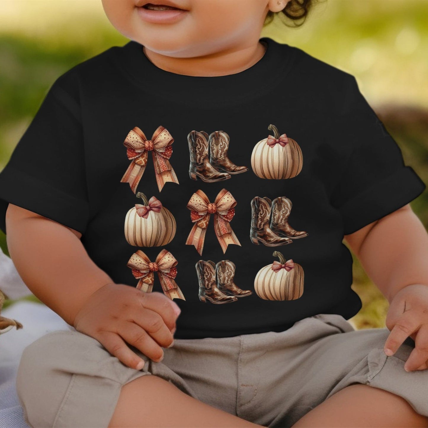 Holiday Baby Shirt Boots Pumpkins and Bows Fall - Baby Shirt