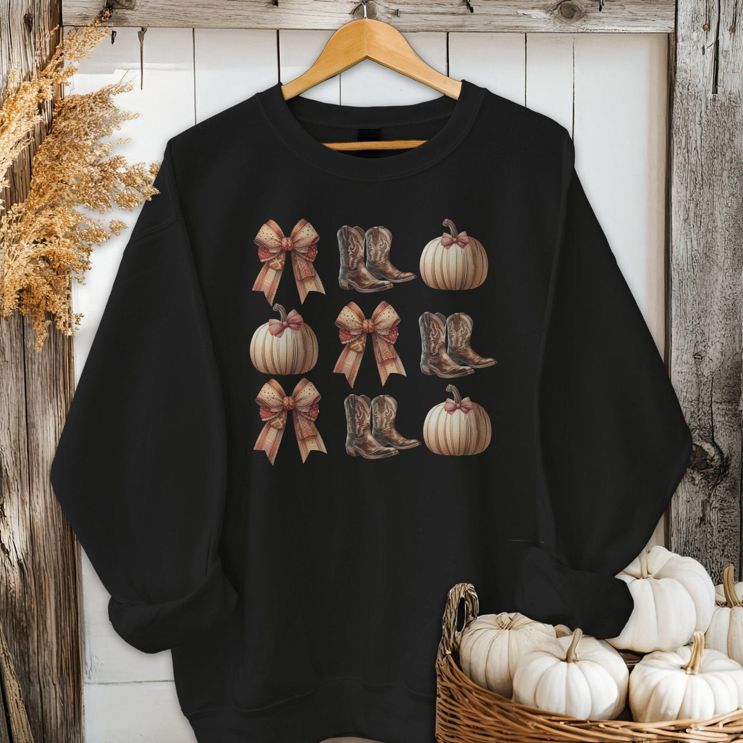 Holiday Shirt Adult Sweatshirt / Black / S Boots Pumpkins and Bows Fall Shirt