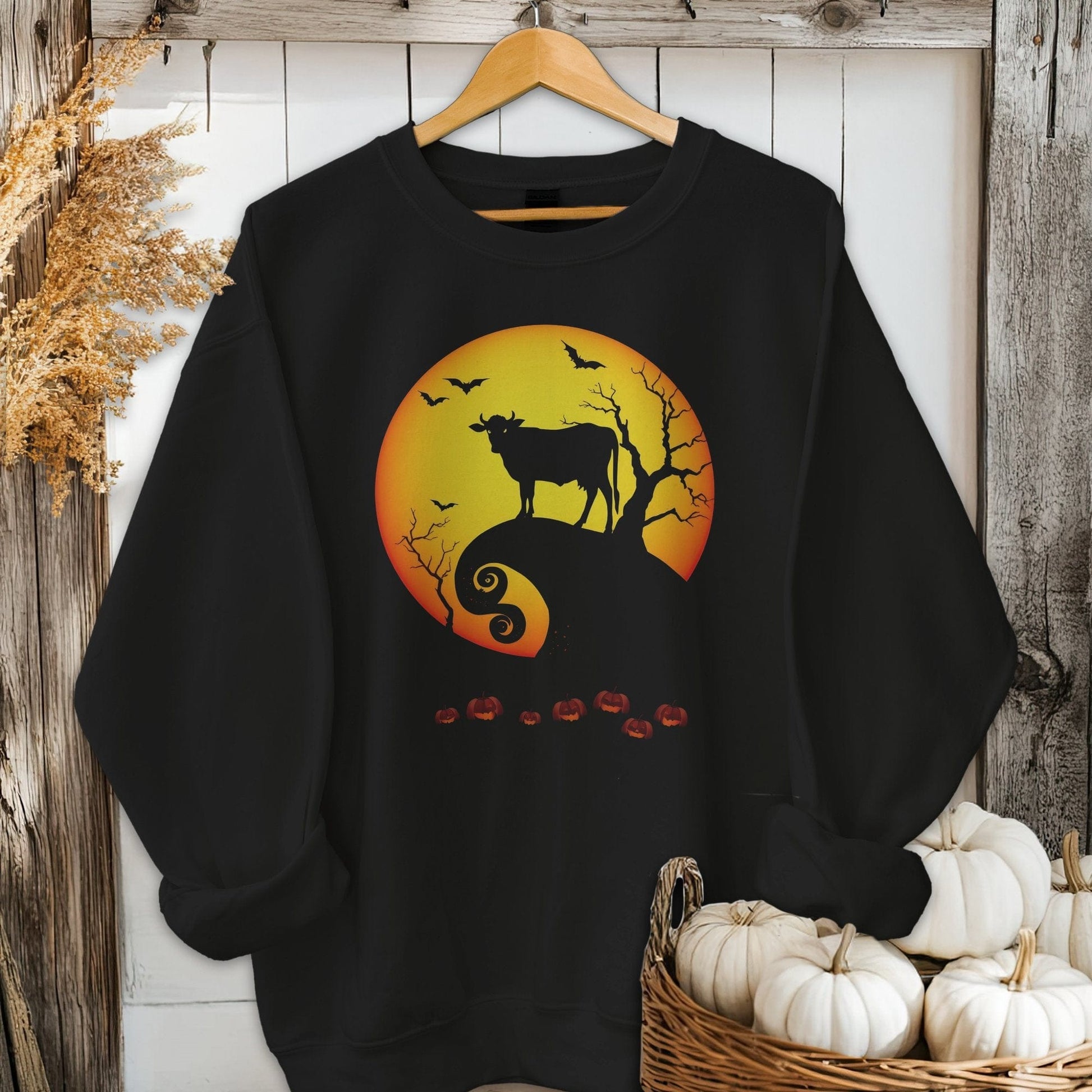 Holiday Shirt Adult Sweatshirt / Black / S Halloween Cow in Moonlight Shirt