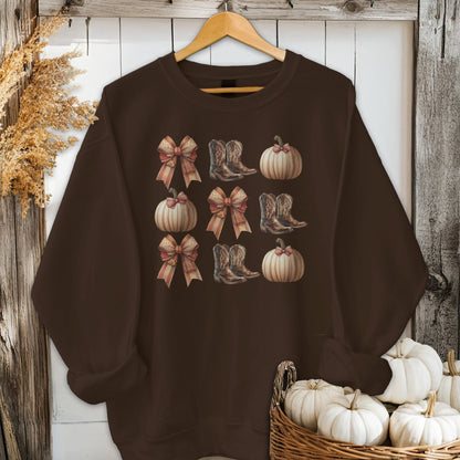 Holiday Shirt Adult Sweatshirt / Dark Chocolate / S Boots Pumpkins and Bows Fall Shirt