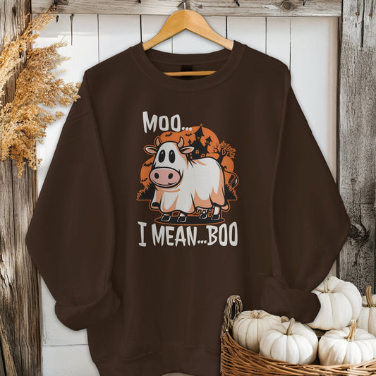 Holiday Shirt Adult Sweatshirt / Dark Chocolate / S Halloween Moo I Mean Boo Cow Shirt