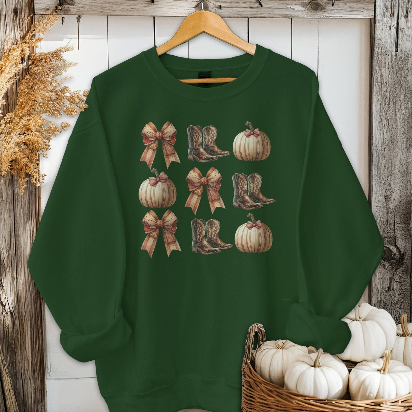 Holiday Shirt Adult Sweatshirt / Forest Green / S Boots Pumpkins and Bows Fall Shirt