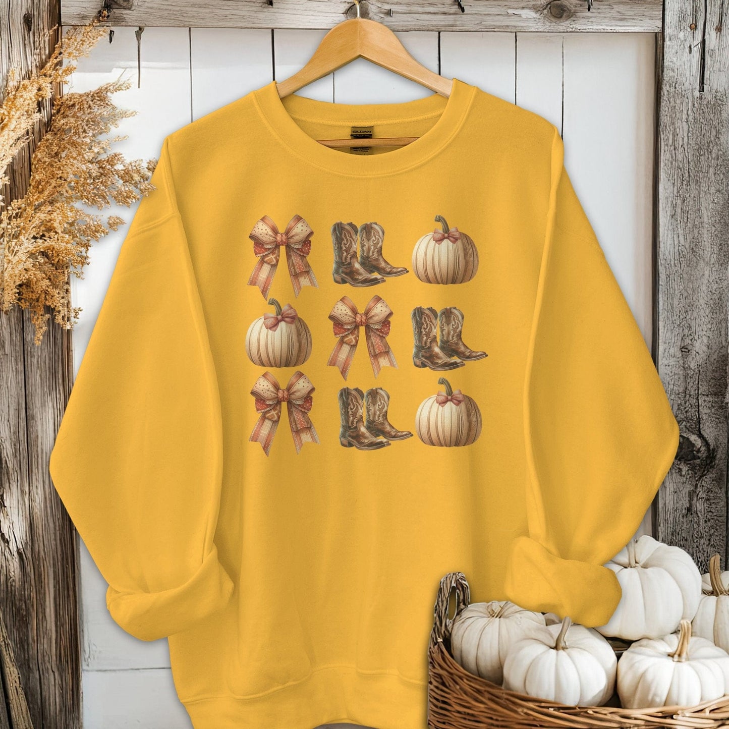 Holiday Shirt Adult Sweatshirt / Gold / S Boots Pumpkins and Bows Fall Shirt