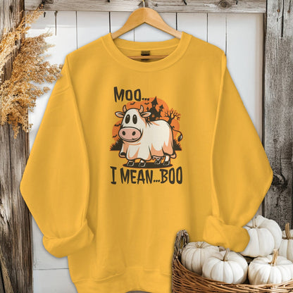 Holiday Shirt Adult Sweatshirt / Gold / S Halloween Moo I Mean Boo Cow Shirt