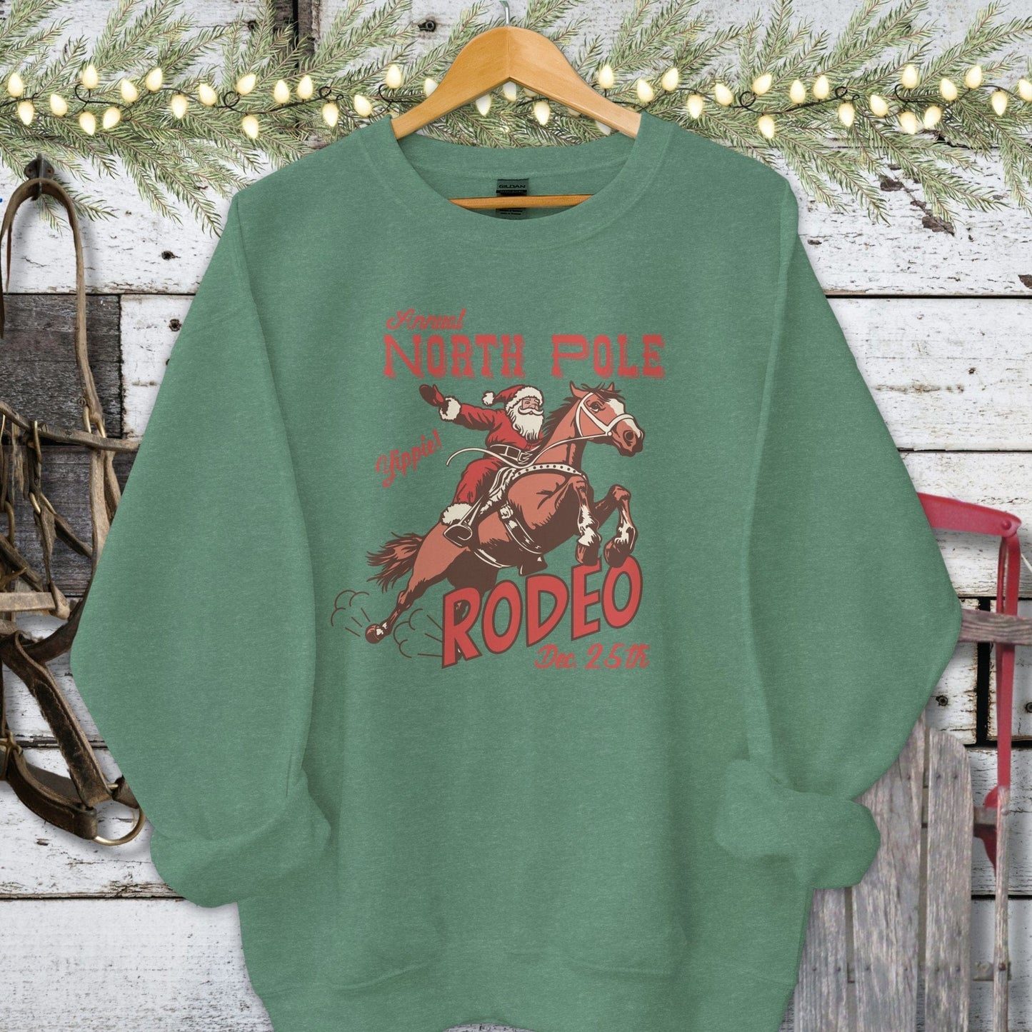 Holiday Shirt Adult Sweatshirt / Heather Sport Dark Green / S North Pole Rodeo Shirt