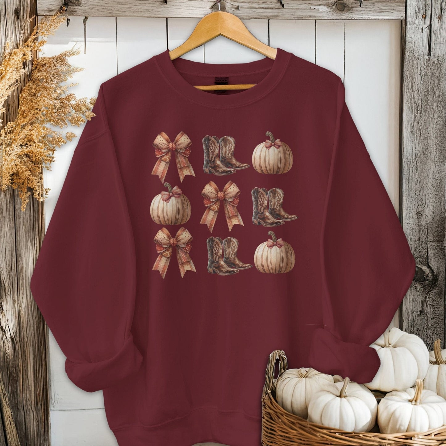 Holiday Shirt Adult Sweatshirt / Maroon / S Boots Pumpkins and Bows Fall Shirt