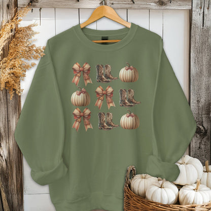 Holiday Shirt Adult Sweatshirt / Military Green / S Boots Pumpkins and Bows Fall Shirt