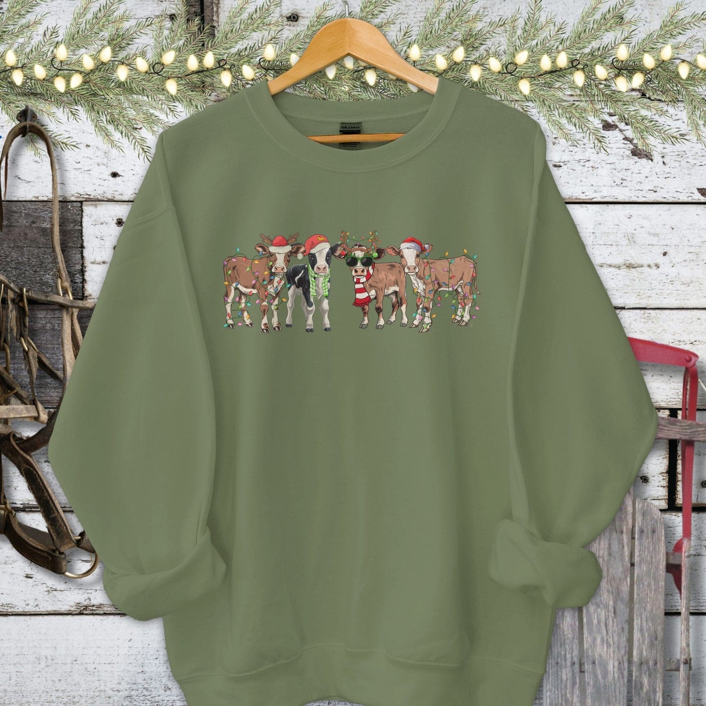 Holiday Shirt Adult Sweatshirt / Military Green / S Festive Cows Shirt