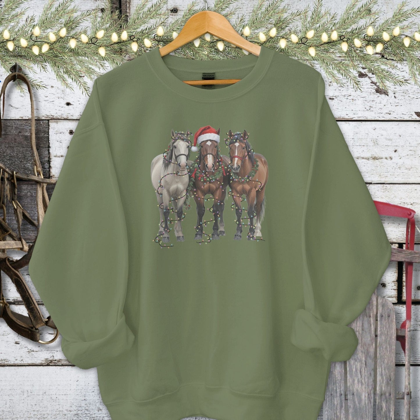 Holiday Shirt Adult Sweatshirt / Military Green / S Festive Horses Shirt