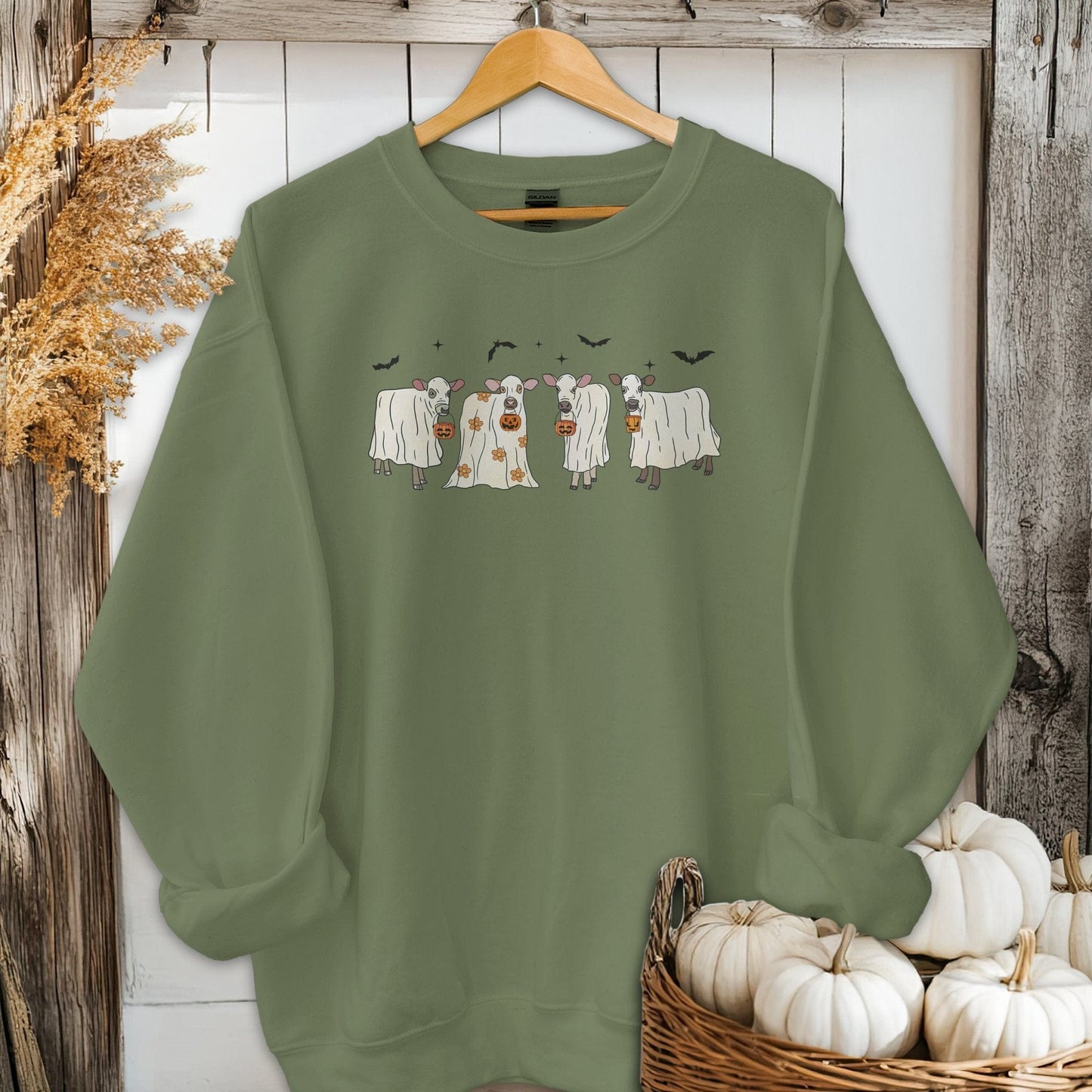 Holiday Shirt Adult Sweatshirt / Military Green / S Ghostly Cows Halloween Shirt