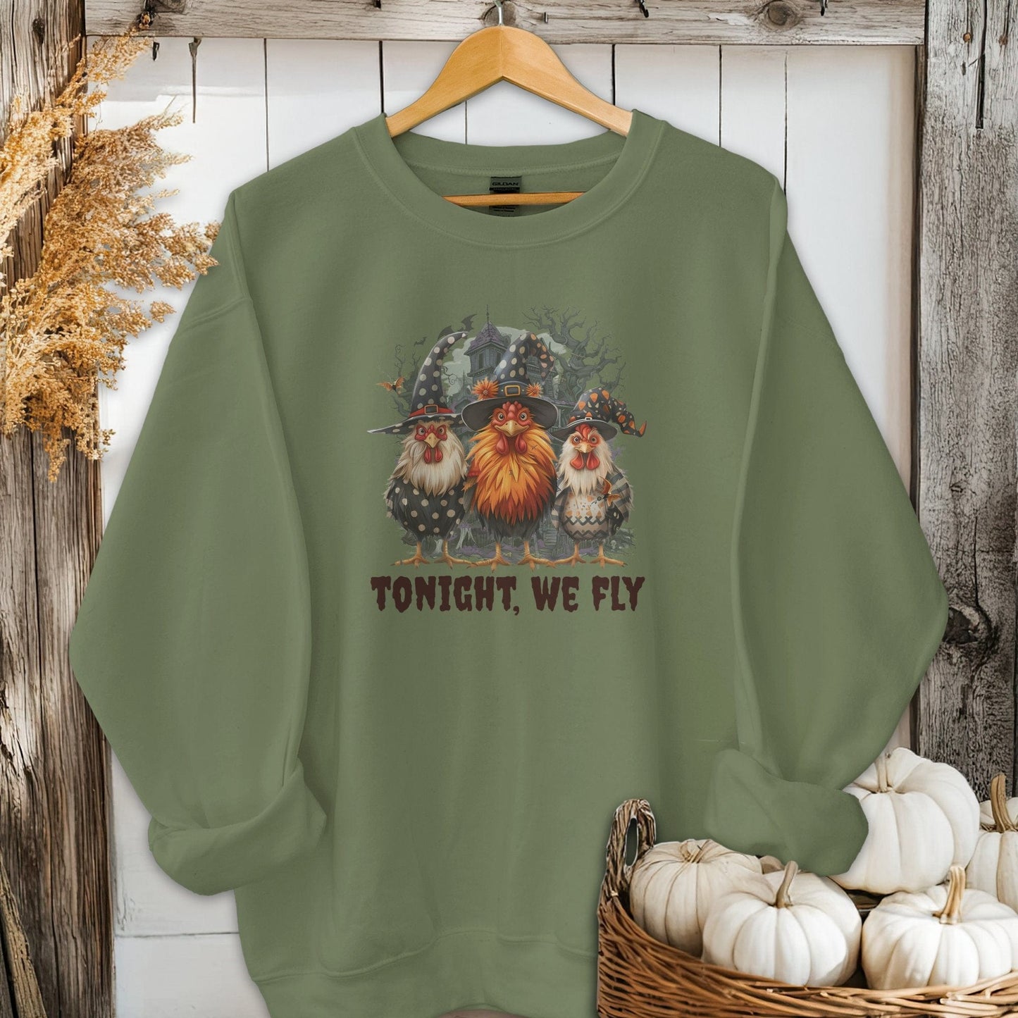 Holiday Shirt Adult Sweatshirt / Military Green / S Halloween Witch Chickens Shirt